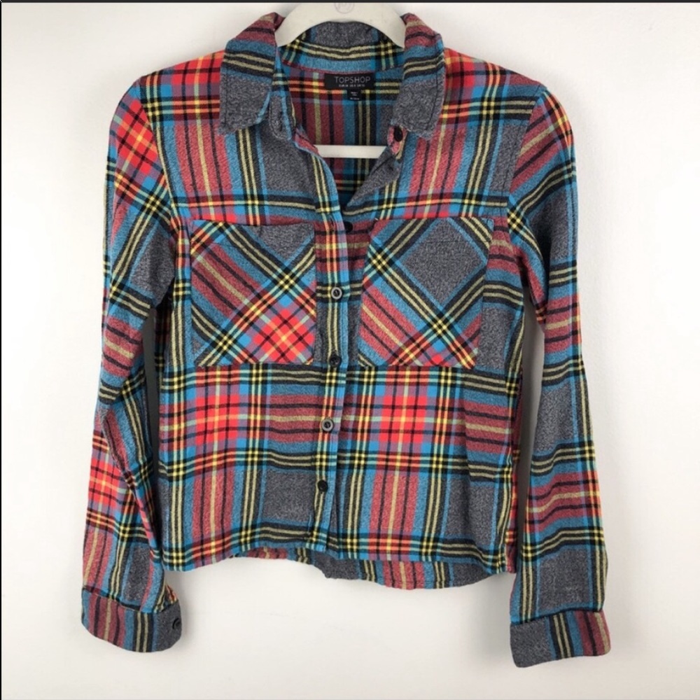 TOPSHOP Flannel Crop Top Button Down Shirt 6